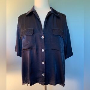 Bohme silky navy blue shirt, button down, short sleeve, size XL. Front pockets.